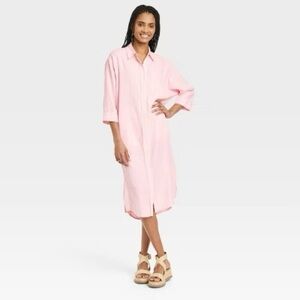 Universal Thread Women3/4 Sleeve Midi ButtonDown Shirt Dress XXL 55% Linen Pink